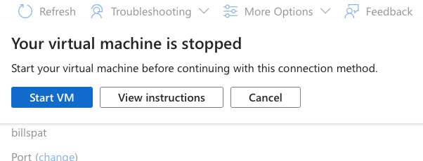 Azure connection VM stopped  warning