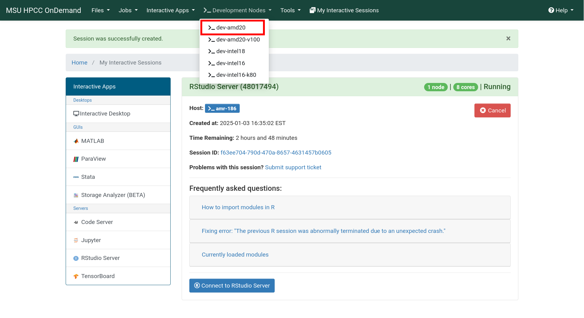 The Development Nodes dropdown from the OnDemand navigation bar showing the development nodes accessible on the HPCC