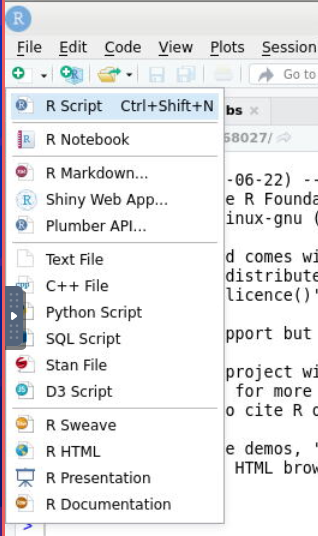 The new document button in RStudio expanded to show options like 'R Script' and 'R Markdown'.