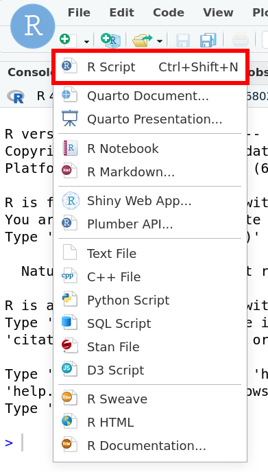 The new document button in RStudio expanded to show options like 'R Script' and 'R Markdown'.