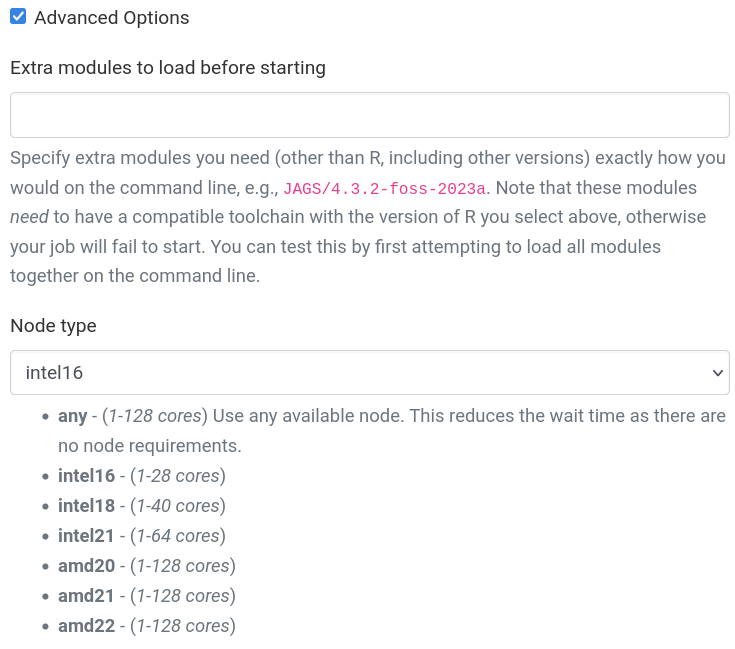 The RStudio OnDemand setup screen with the Advanced Options box checked, and intel16 selected in the Node type dropdown.