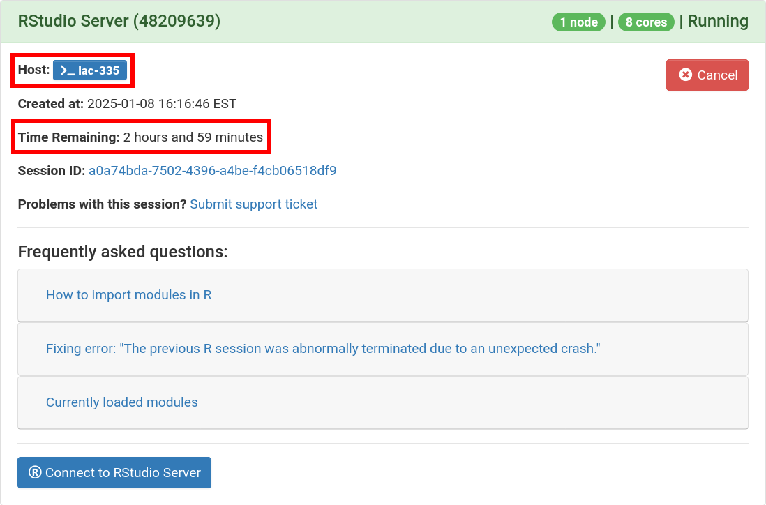 An OnDemand card with the information for a running RStudio job. The Host is lac-188, and the Time Remaining is 41 minutes.